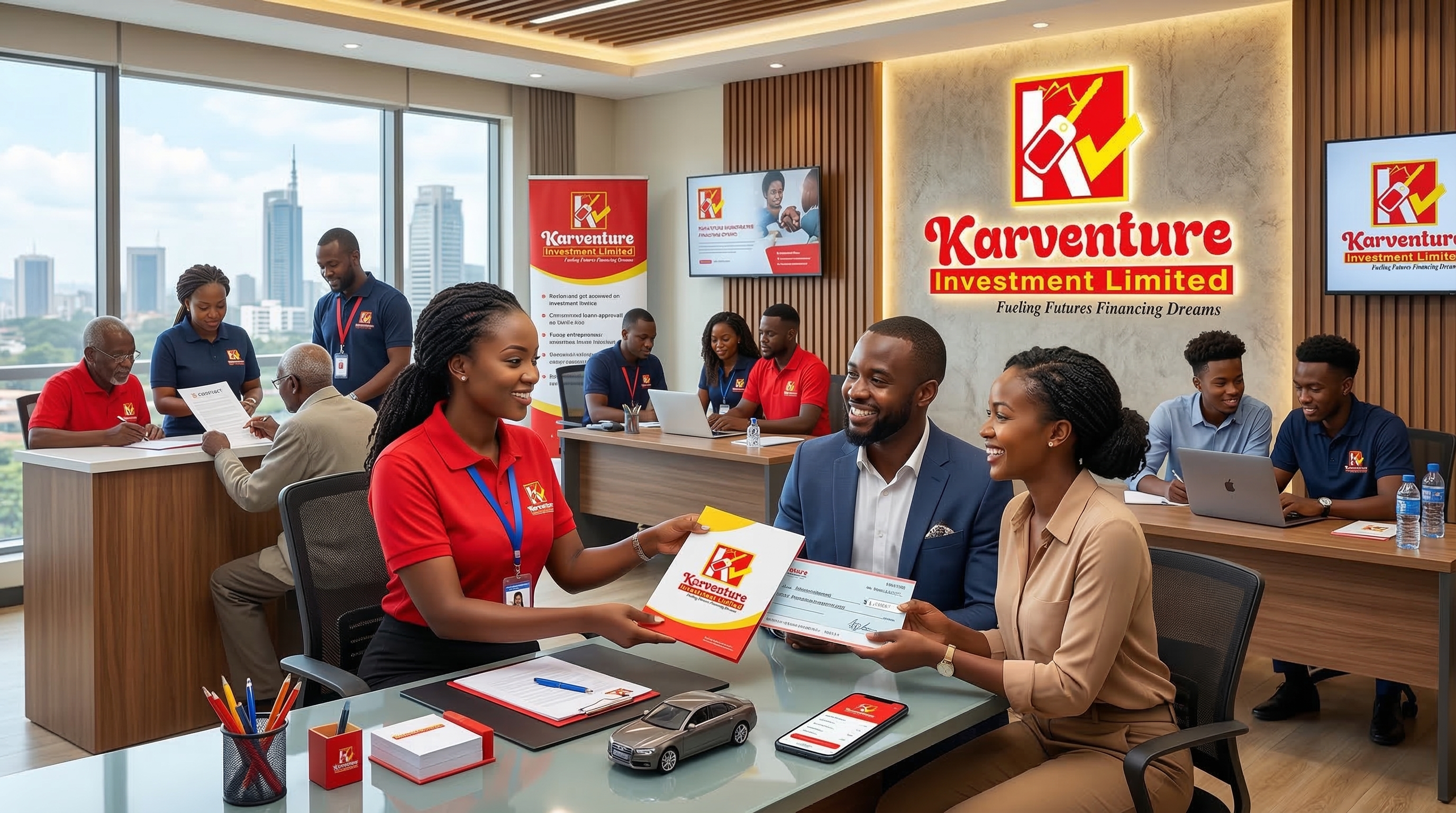 A car dealer showing a vehicle to a happy customer.